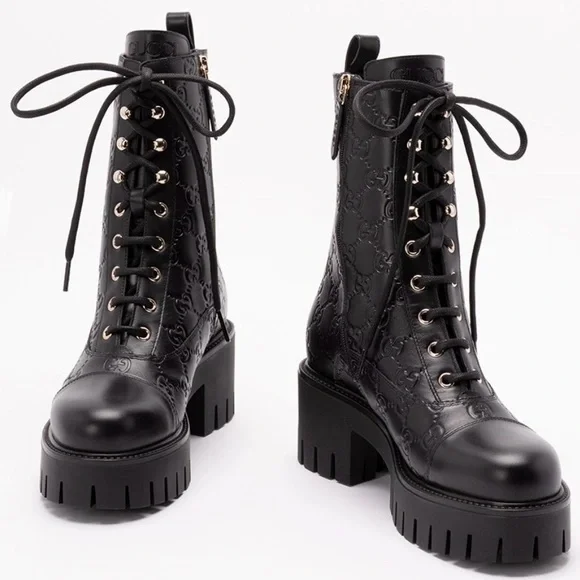 GUCCI New Marmont GG logo embossed lace up boots - Picture 3 of 5